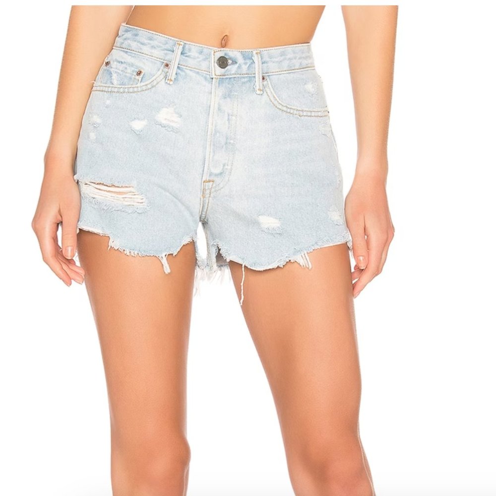 GRLFRND Helena High Rise Cut Off Denim Jean Shorts in 'Out of Time', SIZE 26